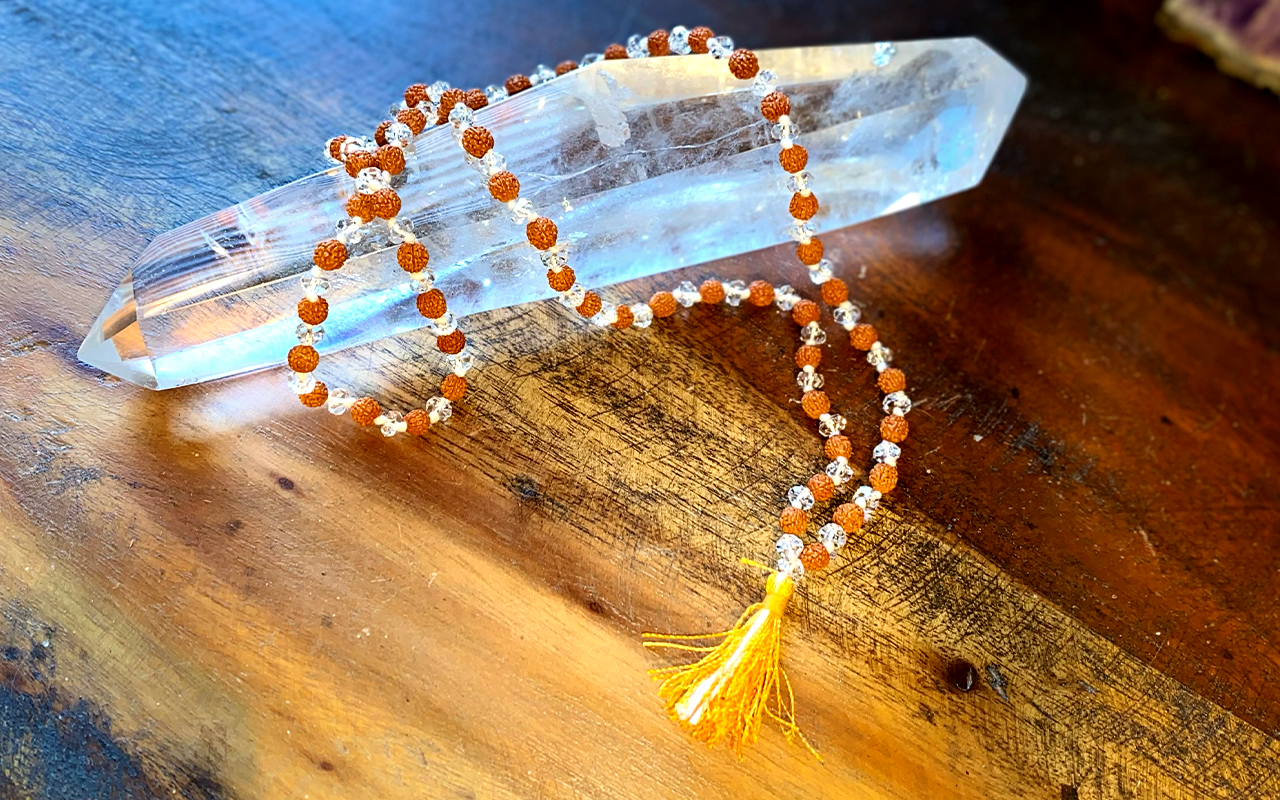 Rudraksha & Sphatik Clear Quartz Small Mala Beads - Image 2