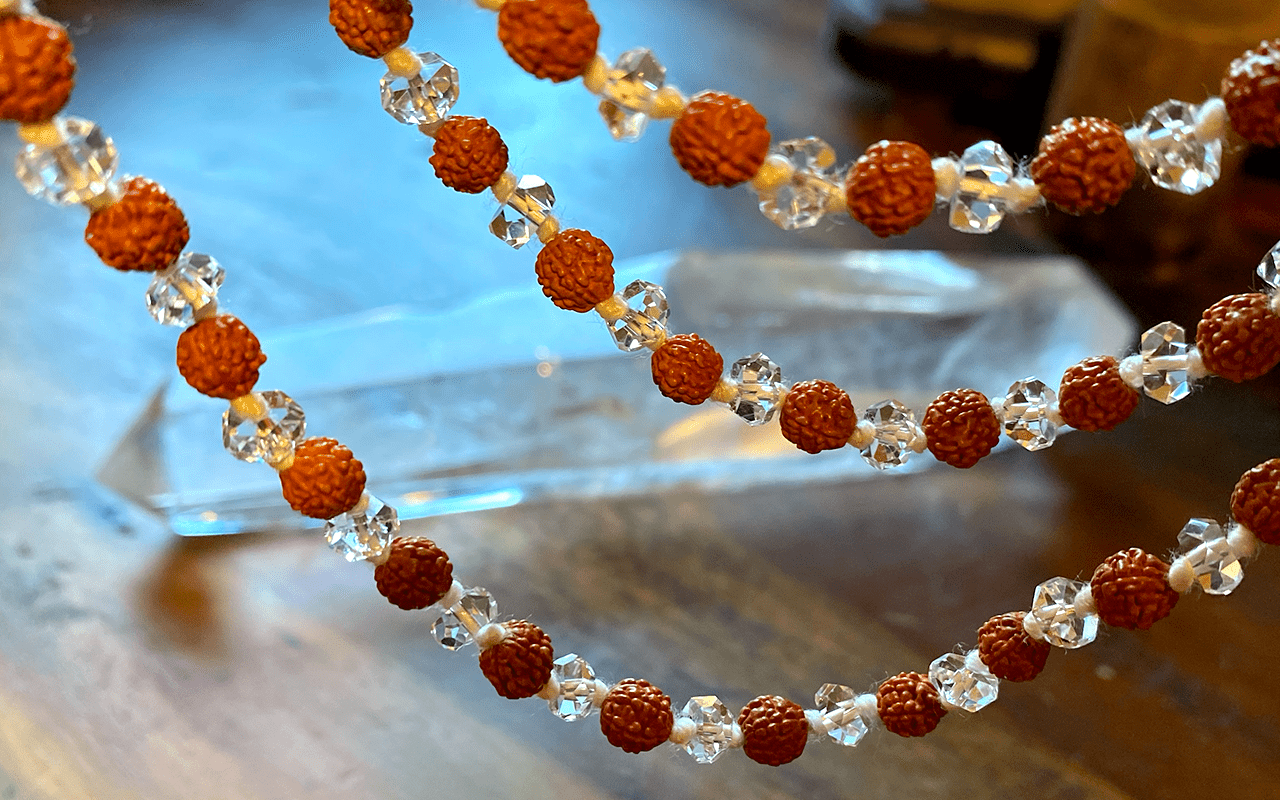 Rudraksha & Sphatik Clear Quartz Small Mala Beads - Image 3