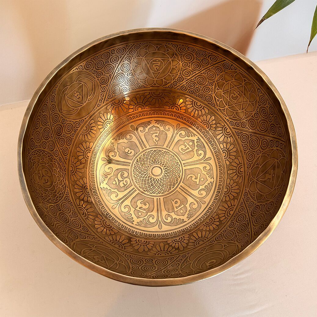 Large Etched Bowl with Seven Chakra Symbols Tibetan - 39cm - Image 3