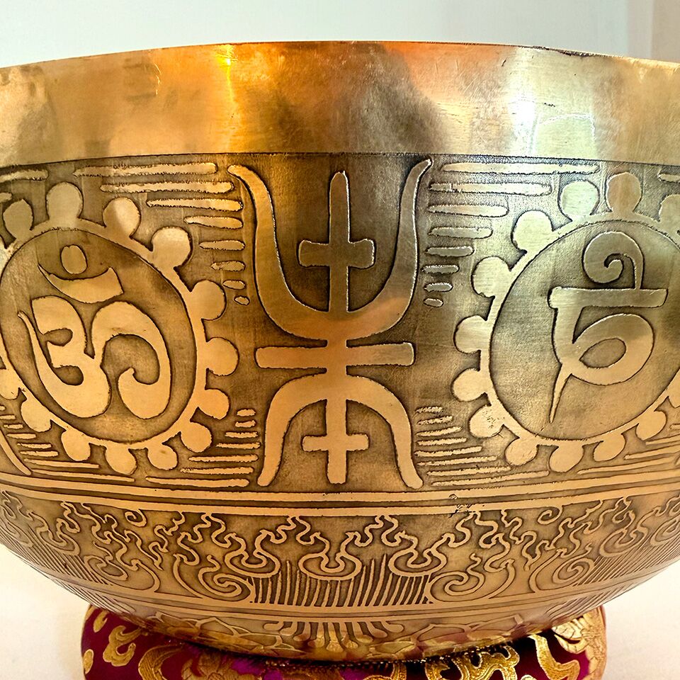 Large Etched Bowl with Seven Chakra Symbols Tibetan - 39cm - Image 2
