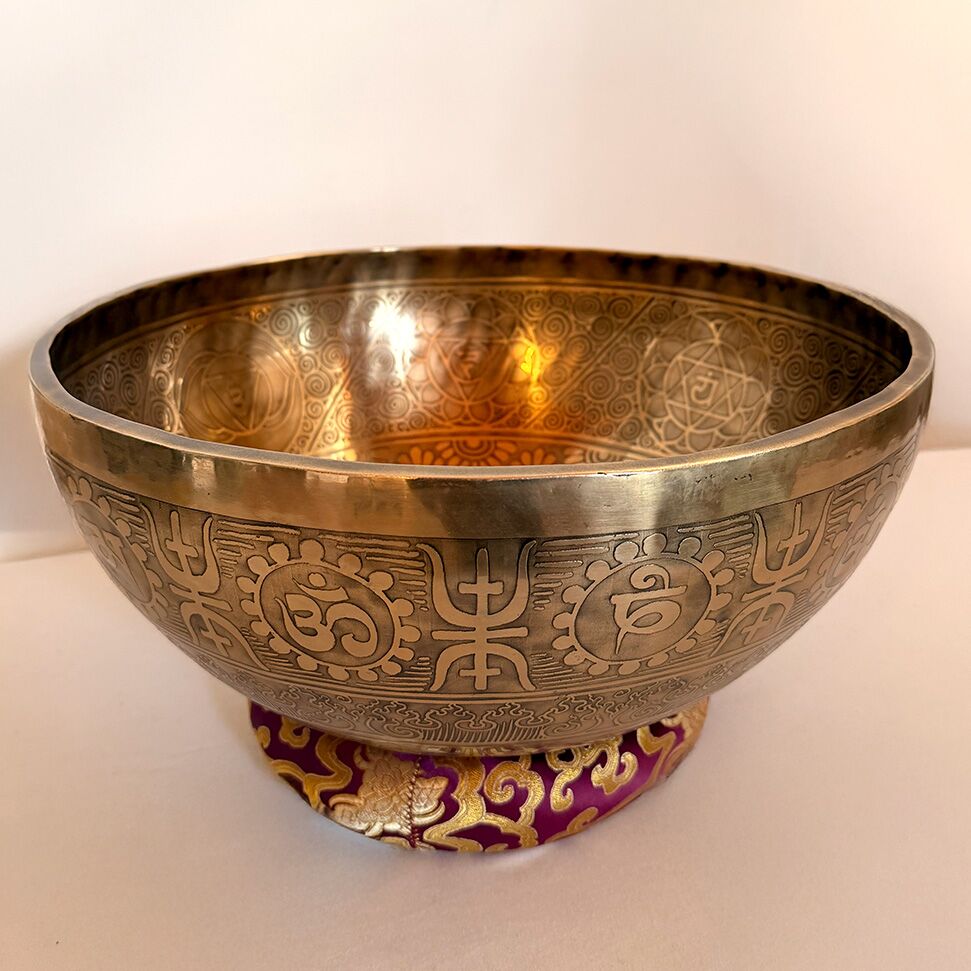 Large Etched Bowl with Seven Chakra Symbols Tibetan - 39cm